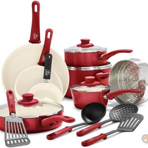 Greenlife 14-Piece Nonstick Ceramic Cookware Set with Soft Grips 16-Piece Red