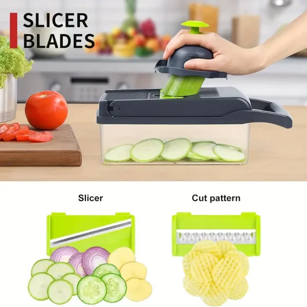16 in 1 Vegetable Chopper - Multifunctional Manual Food Slicer Dicer, Kitchen Cutter with Container, Mandoline for Onion, Carrot, Garlic - Uncharged Plastic Kitchen Gadget Set with Drain Basket - Image 5