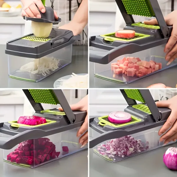 16 in 1 Vegetable Chopper - Multifunctional Manual Food Slicer Dicer, Kitchen Cutter with Container, Mandoline for Onion, Carrot, Garlic - Uncharged Plastic Kitchen Gadget Set with Drain Basket - Image 8