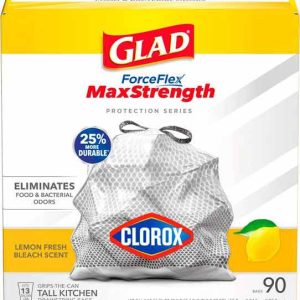 Glad ForceFlex MaxStrength with Clorox Trash Bags, 13 Gal, Lemon Fresh Bleach, 90 Ct, Pack May Vary