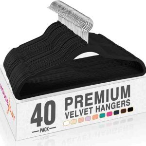 HOUSE DAY Premium Velvet Hangers, Non-Slip Thin Flocked Felt Hangers, Sturdy Clothes Hangers Heavy Duty Coat Hangers & Suit Hangers, Durable Suit Hangers for Closet Space Saving (40 Pack, Black)