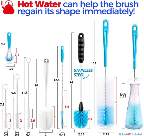 Holikme 8 Pack Bottle Brush Cleaning Set, Long Handle Bottle Cleaner for Washing Narrow Neck Beer Bottles Wine Decanter Narrow Cup Pipes Sinks Cup Cover, White - Image 2