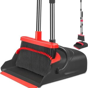 kelamayi Upgrade Stand Up Broom and Dustpan Set, Self-Cleaning with Dustpan Teeth, Ideal for Dog Cat Pets Home Use, Super Long Handle (Gray&Orange)