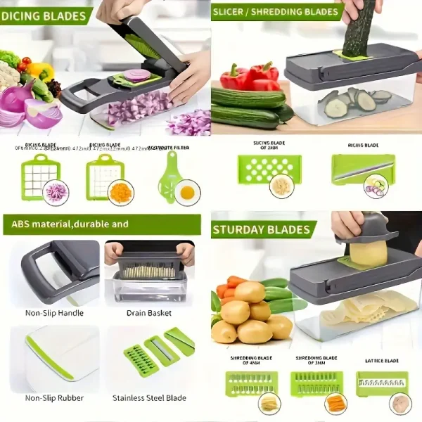 16 in 1 Vegetable Chopper - Multifunctional Manual Food Slicer Dicer, Kitchen Cutter with Container, Mandoline for Onion, Carrot, Garlic - Uncharged Plastic Kitchen Gadget Set with Drain Basket - Image 4