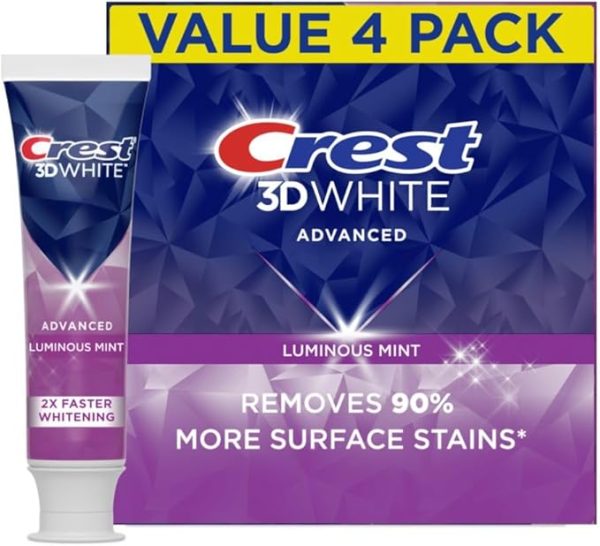 Crest 3D White Advanced Luminous Mint Teeth Whitening Toothpaste, 3.7 oz Pack of 4 - Helps Remove Surface Stains, Whitens Teeth, Strengthens Tooth Enamel, Protects Against Cavities - Image 2
