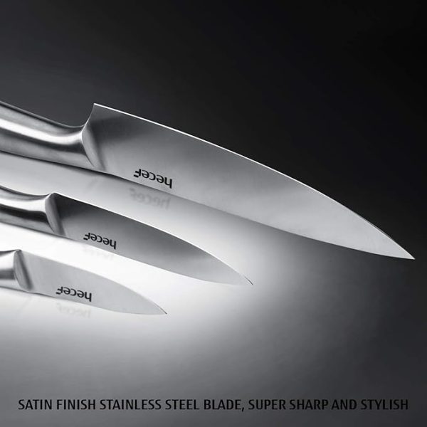 hecef Silver Kitchen Knife Set of 5, Satin Finish Blade with Hollow Handle, Includes 8" Chef, 8"Bread, 8"Santoku, 5"Utility and 3.5"Paring Knife - Image 4