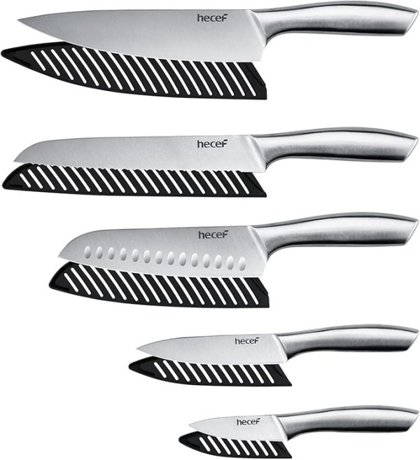 hecef Silver Kitchen Knife Set of 5, Satin Finish Blade with Hollow Handle, Includes 8" Chef, 8"Bread, 8"Santoku, 5"Utility and 3.5"Paring Knife - Image 2