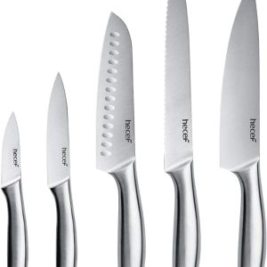 hecef Silver Kitchen Knife Set of 5, Satin Finish Blade with Hollow Handle, Includes 8" Chef, 8"Bread, 8"Santoku, 5"Utility and 3.5"Paring Knife