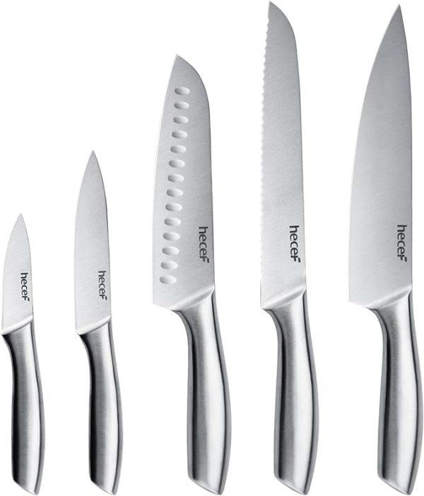 hecef Silver Kitchen Knife Set of 5, Satin Finish Blade with Hollow Handle, Includes 8" Chef, 8"Bread, 8"Santoku, 5"Utility and 3.5"Paring Knife