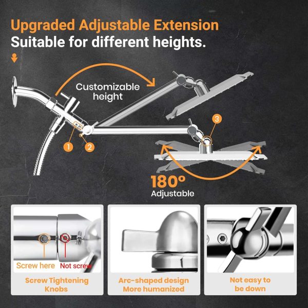 COSYLAND 10'' Rainfall Shower Head with Handheld Combo High Pressure 5 Settings with 11'' Extension Arm 60" Hose, Chrome Finish Bath Shower Head, Height/Angle Adjustable,Chrome - Image 6