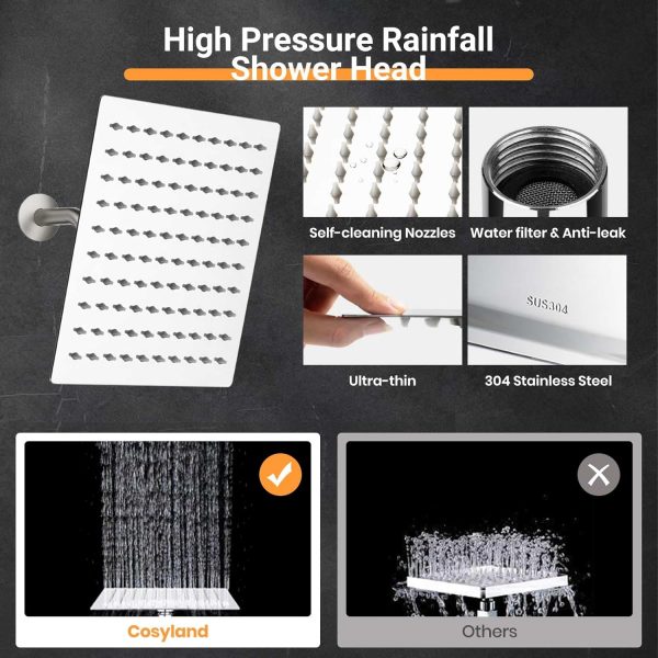 COSYLAND 10'' Rainfall Shower Head with Handheld Combo High Pressure 5 Settings with 11'' Extension Arm 60" Hose, Chrome Finish Bath Shower Head, Height/Angle Adjustable,Chrome - Image 7