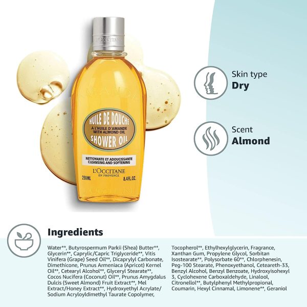 L'Occitane Cleansing And Softening Almond Shower Oil, 8.4 Fl Oz, Clear - Image 7