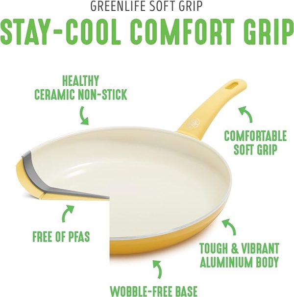GreenLife Soft Grip Healthy Ceramic Non-Stick 16-Piece Kitchen Cookware Set PFAS-Free Kitchenware with Lid Dishwasher Safe Yellow - Image 6