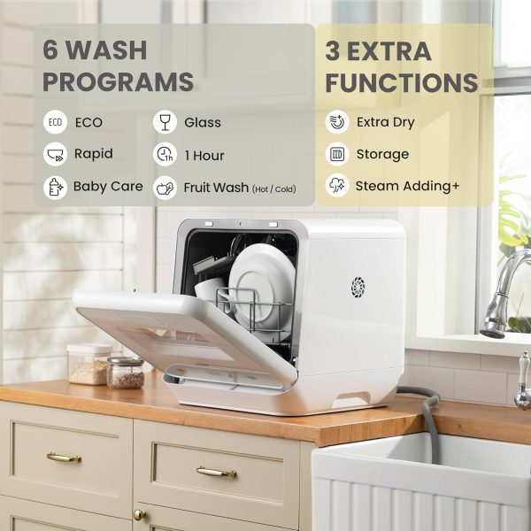 Countertop dishwasher with 6+3 programs, steam wash, baby care and fruit wash, no plumbing required, delayed start, 72 hour storage – white - Image 5