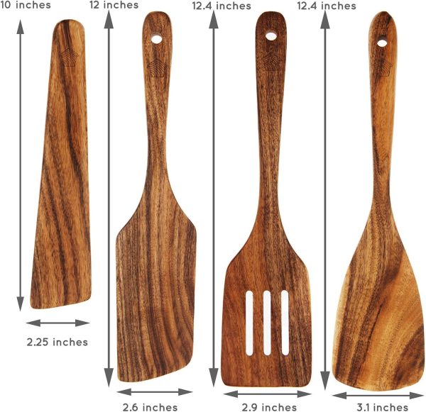 Wooden Spatula for Cooking, Kitchen Spatula Set of 4, Natural Teak Kitchen Utensils Including Paddle, Turner, Slotted Spurtle and Wood Scraper - Nonstick cookware - Image 3