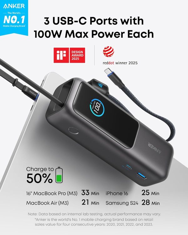 Anker Laptop Power Bank, 25,000mAh Portable Charger with Triple 100W USB-C Ports for Multi-Device Charging, Built-in and Retractable Cables, for iPhone 16/15 Series, Samsung, and More - Image 2