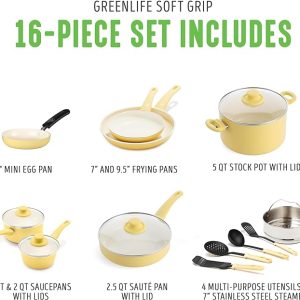 GreenLife Soft Grip Healthy Ceramic Non-Stick 16-Piece Kitchen Cookware Set PFAS-Free Kitchenware with Lid Dishwasher Safe Yellow