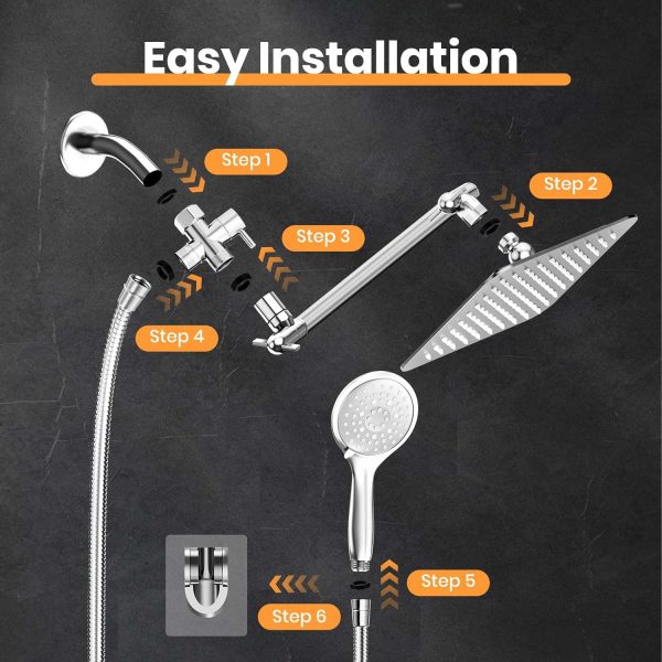 COSYLAND 10'' Rainfall Shower Head with Handheld Combo High Pressure 5 Settings with 11'' Extension Arm 60" Hose, Chrome Finish Bath Shower Head, Height/Angle Adjustable,Chrome - Image 3