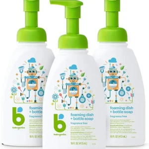 Babyganics Foaming Dish & Bottle Soap, Pump Bottle, Fragrance Free, Plant-Derived Cleaning Power, Removes Dried Milk, 16 Fl Oz, (Pack of 3), Packaging May Vary