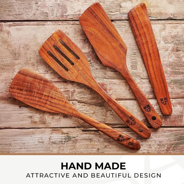 Wooden Spatula for Cooking, Kitchen Spatula Set of 4, Natural Teak Kitchen Utensils Including Paddle, Turner, Slotted Spurtle and Wood Scraper - Nonstick cookware - Image 2