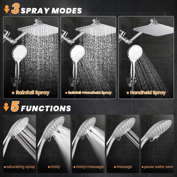 COSYLAND 10'' Rainfall Shower Head with Handheld Combo High Pressure 5 Settings with 11'' Extension Arm 60" Hose, Chrome Finish Bath Shower Head, Height/Angle Adjustable,Chrome - Image 2