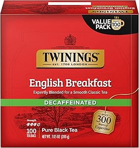 Twinings Decaffeinated English Breakfast Black Tea, 100 Individually Wrapped Tea Bags, Smooth, Flavourful Black Tea, Enjoy Hot or Iced