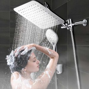 COSYLAND 10'' Rainfall Shower Head with Handheld Combo High Pressure 5 Settings with 11'' Extension Arm 60" Hose, Chrome Finish Bath Shower Head, Height/Angle Adjustable,Chrome