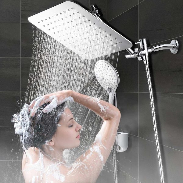 COSYLAND 10'' Rainfall Shower Head with Handheld Combo High Pressure 5 Settings with 11'' Extension Arm 60" Hose, Chrome Finish Bath Shower Head, Height/Angle Adjustable,Chrome