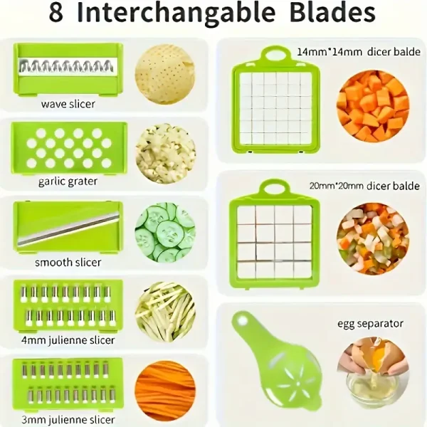 16 in 1 Vegetable Chopper - Multifunctional Manual Food Slicer Dicer, Kitchen Cutter with Container, Mandoline for Onion, Carrot, Garlic - Uncharged Plastic Kitchen Gadget Set with Drain Basket - Image 2