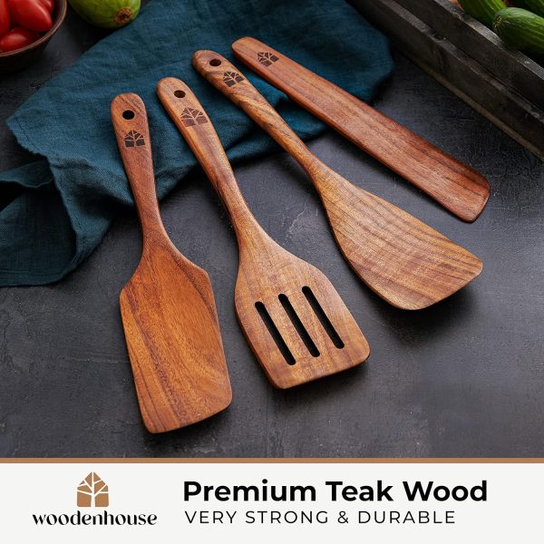 Wooden Spatula for Cooking, Kitchen Spatula Set of 4, Natural Teak Kitchen Utensils Including Paddle, Turner, Slotted Spurtle and Wood Scraper - Nonstick cookware - Image 5