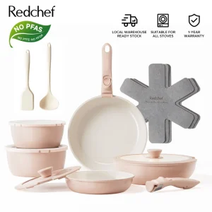 Redchef Nonstick Ceramic Rock Cookware Handle Removable 16Pcs Set No PFAS& PTFE& PFOA NonStick Frying Pan With Glass Silicone Lid