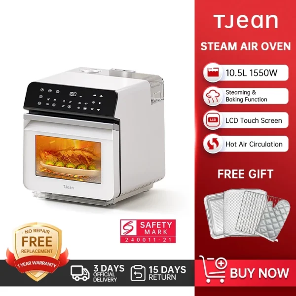 TJean 1550W Multifunctional Smart Household Visual Steam Oven Air Fryer Oven Toaster Steamed Rice&Fish Appointment Timing Heating